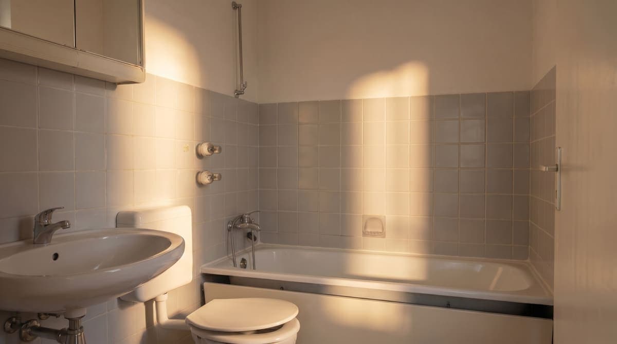 Professionell wirkendes Badezimmer-Foto mit warmem Licht