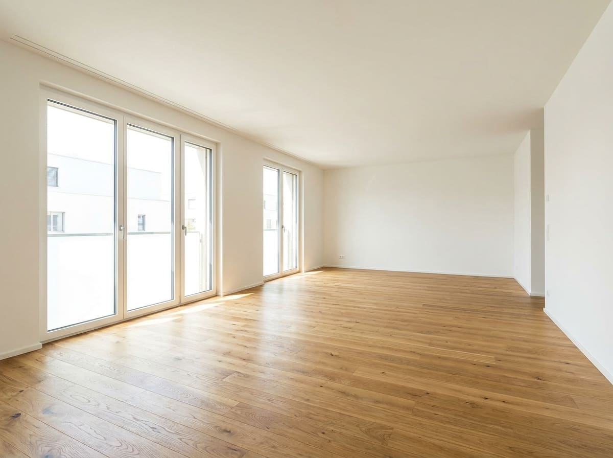 Leeres Wohnzimmer mit Parkettboden und bodentiefen Fenstern