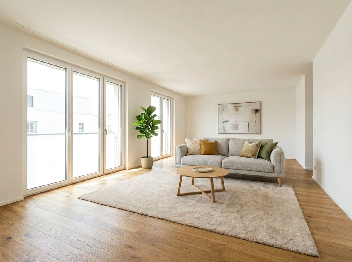 Dasselbe Wohnzimmer virtuell möbliert mit Sofa, Teppich und Pflanze